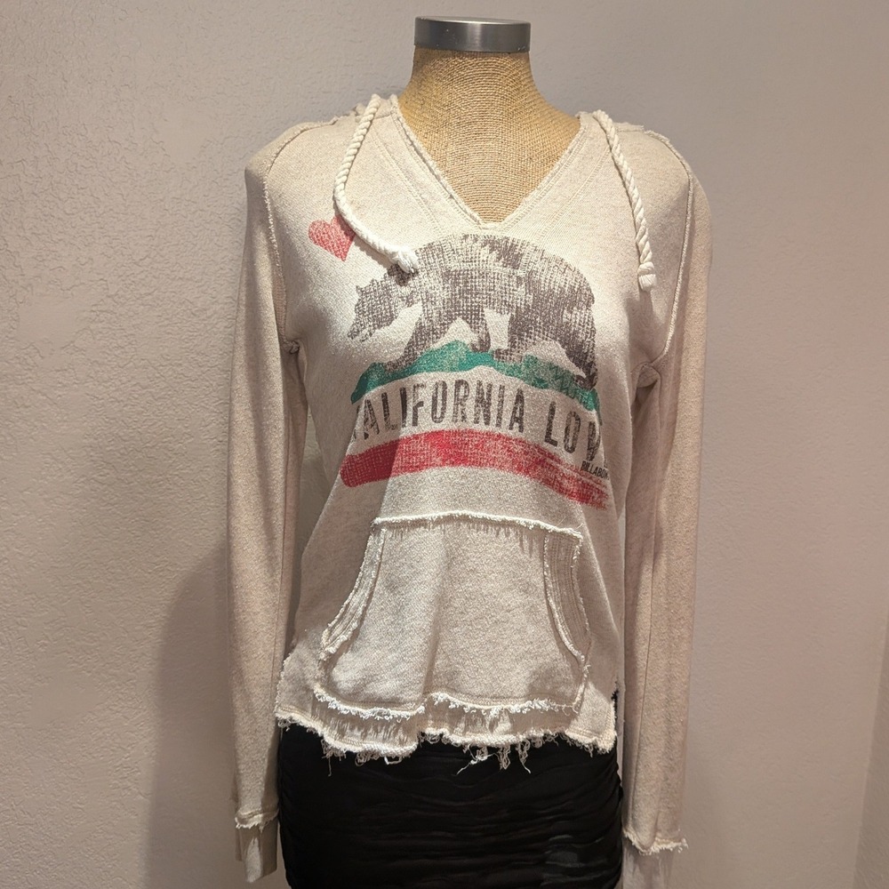 Billabong California Love Hoodie Women Medium Cream Excellent Distressed Graphic